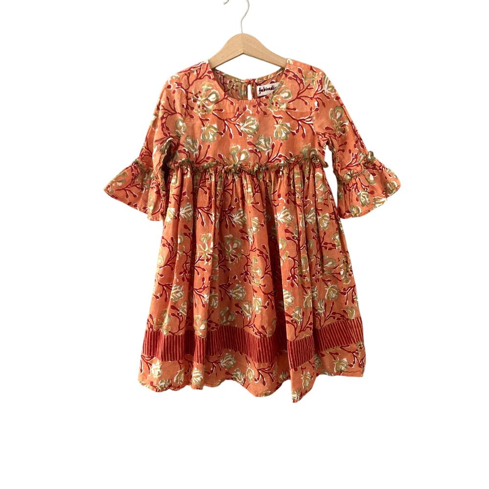 Fabindia Mixed Print Floral Stripes Bell Sleeve Ruffle Dress Orange 4-5